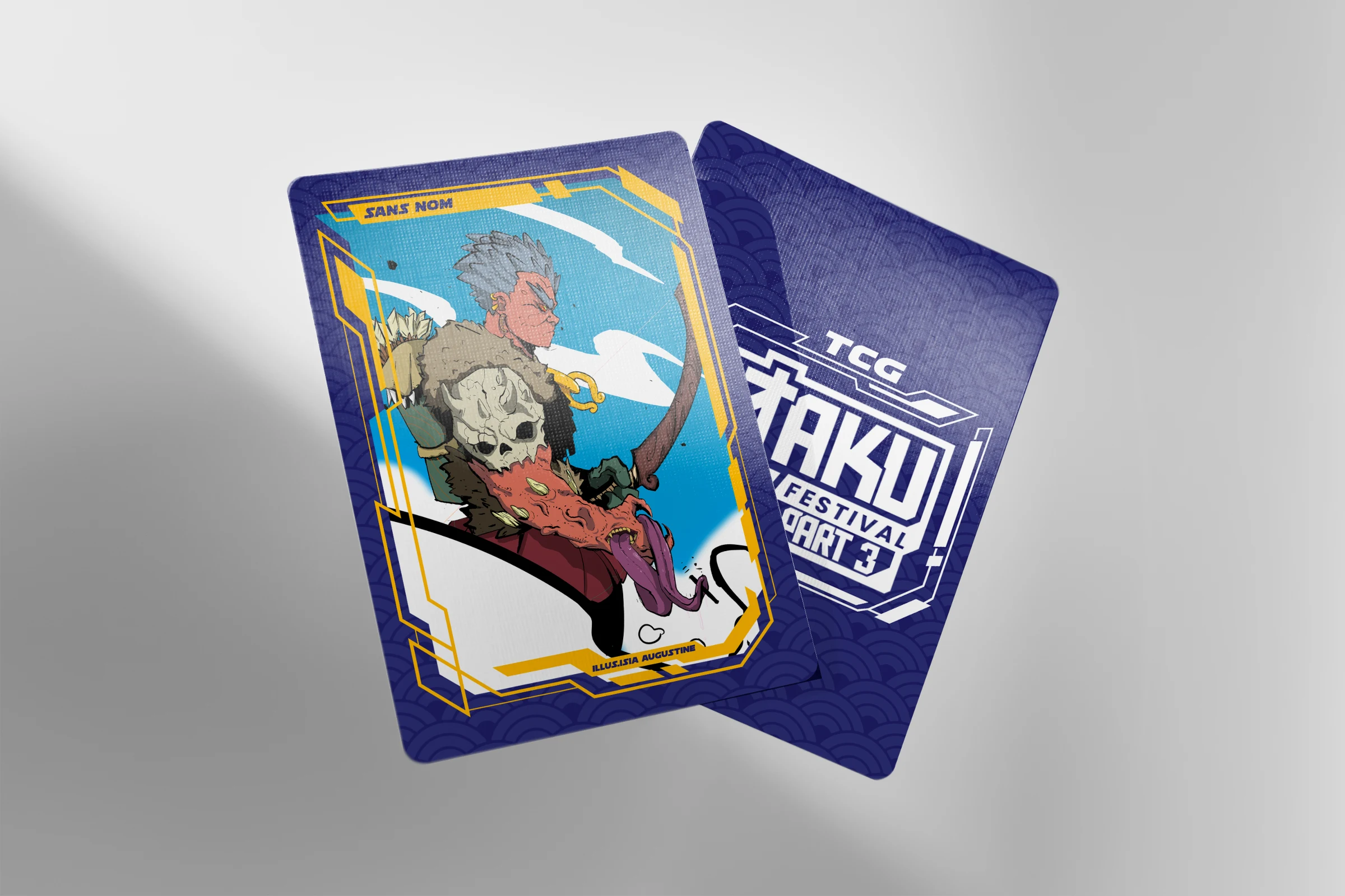 Maquette d’une carte TCG intitulée Sans Nom, illustrée by Isia.