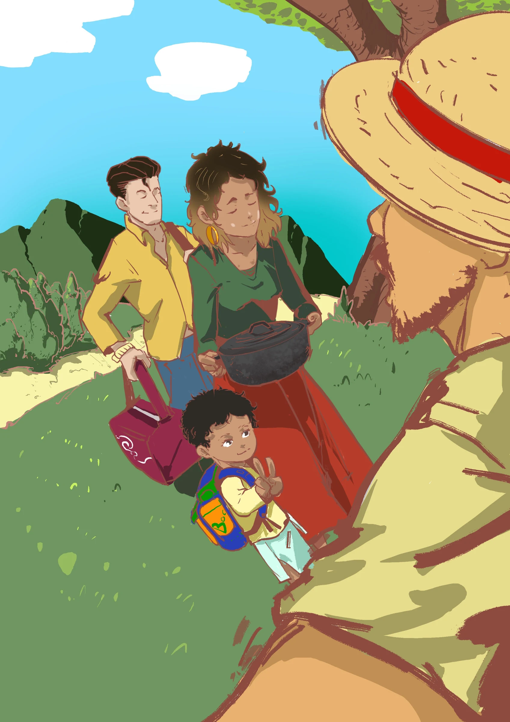 Illustration colorée montrant plusieurs personnages dans un paysage tropical.