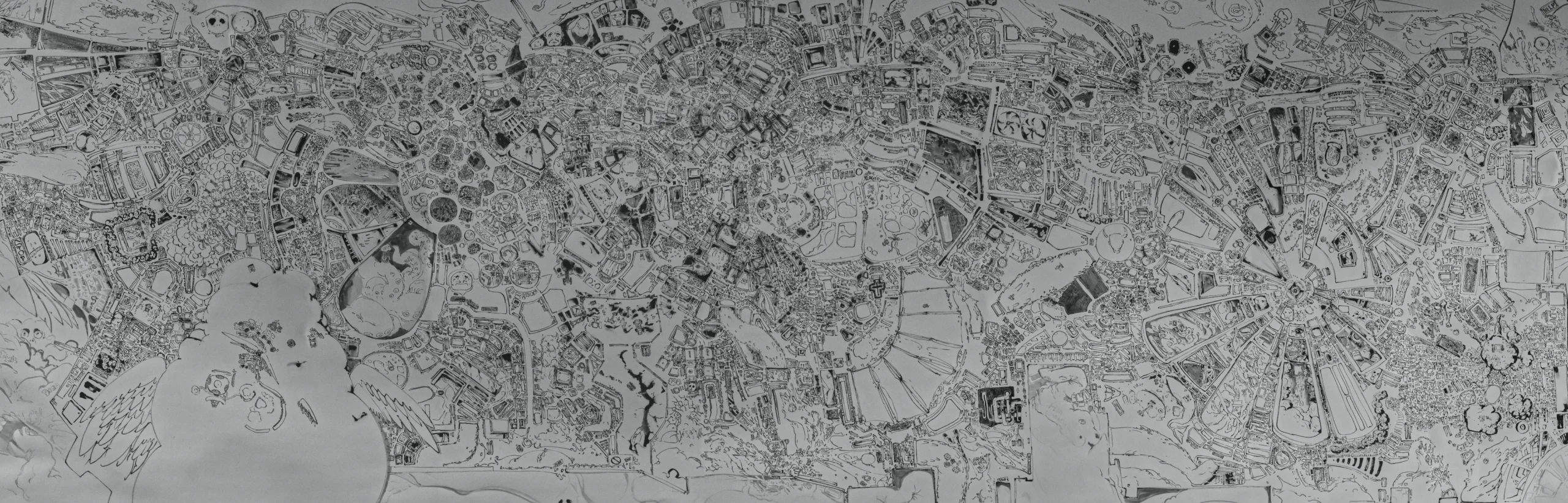 Sans limite, composition panoramique à l’encre de Chine de quatre mètres par un mètre cinquante réalisée by Isia.