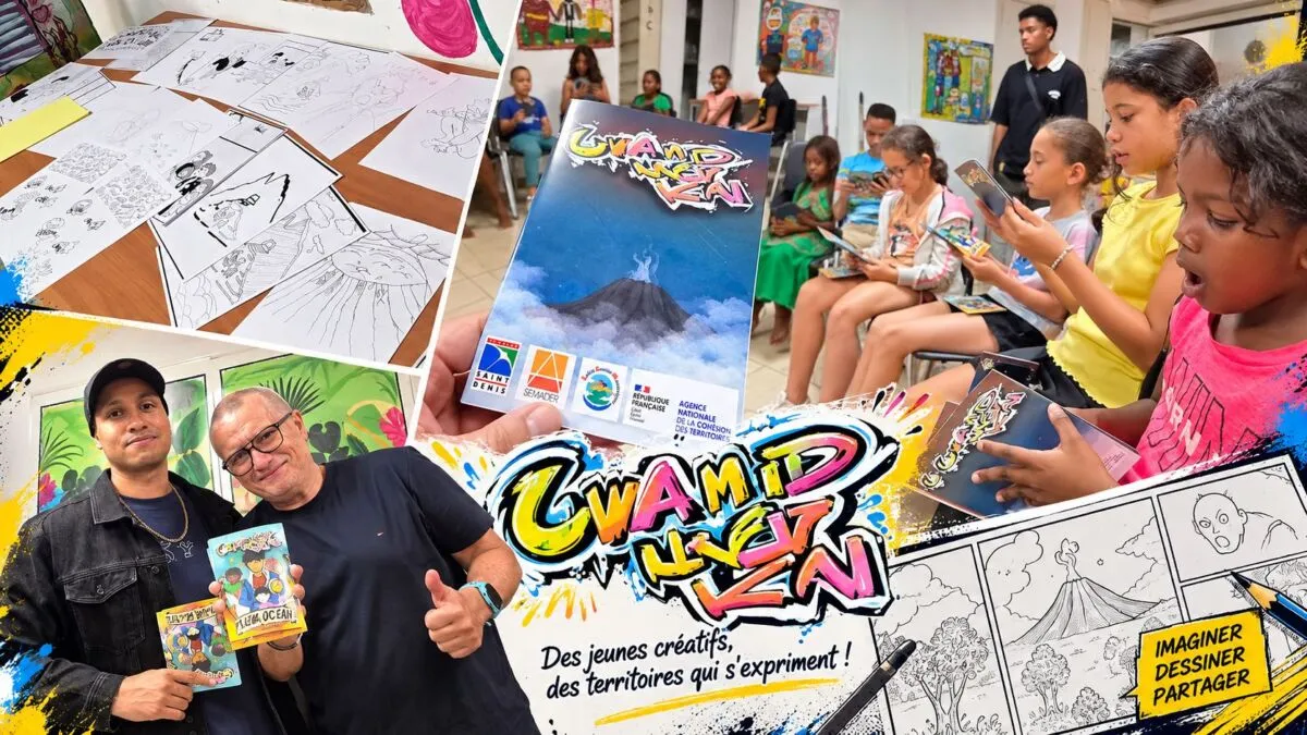 Isia présentant le manga Graine de Café à Sainte-Clotilde, devant les planches dessinées par les enfants.